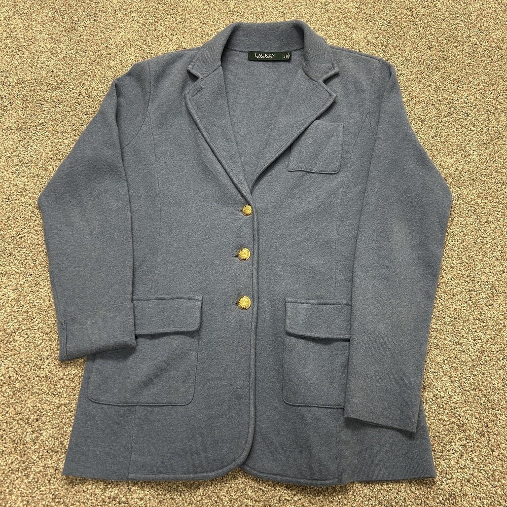 Lauren Ralph Lauren Knit Blazer Womens Large Blue Gold Button Pockets Mid Length